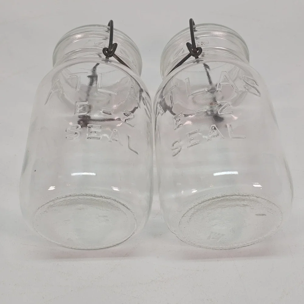 Lot Of 2 Vintage ATLAS E-Z SEAL MASON Canning Jar with‎ Lids & Old Style BAIL F